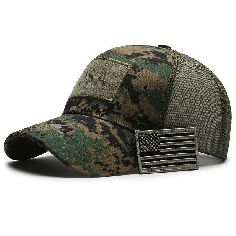 Tactical camouflage baseball cap with adjustable velcro strap and cotton dome crown
