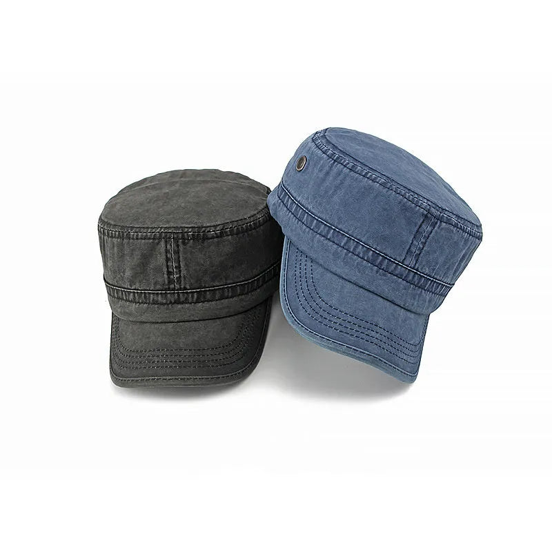 Cotton military flat top cap with adjustable strap in army green colour