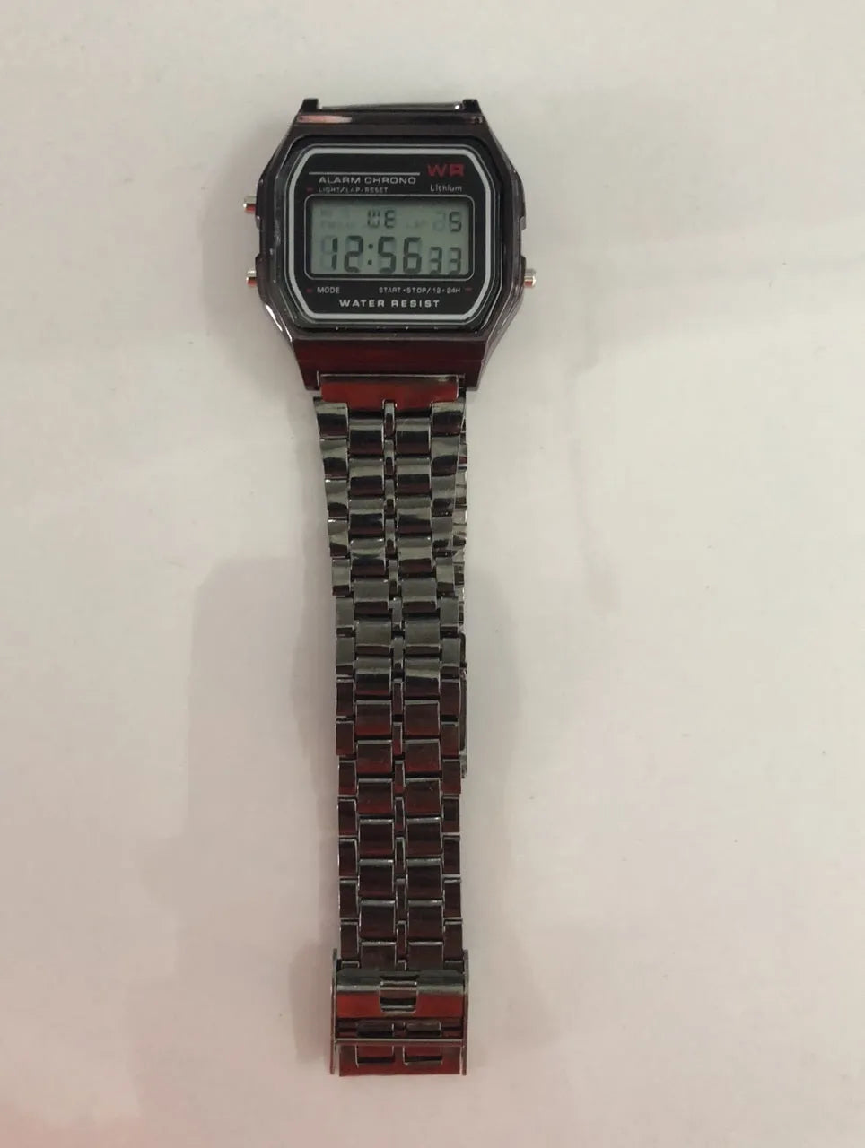 WR F91W electronic watch with stainless steel band and square plastic dial