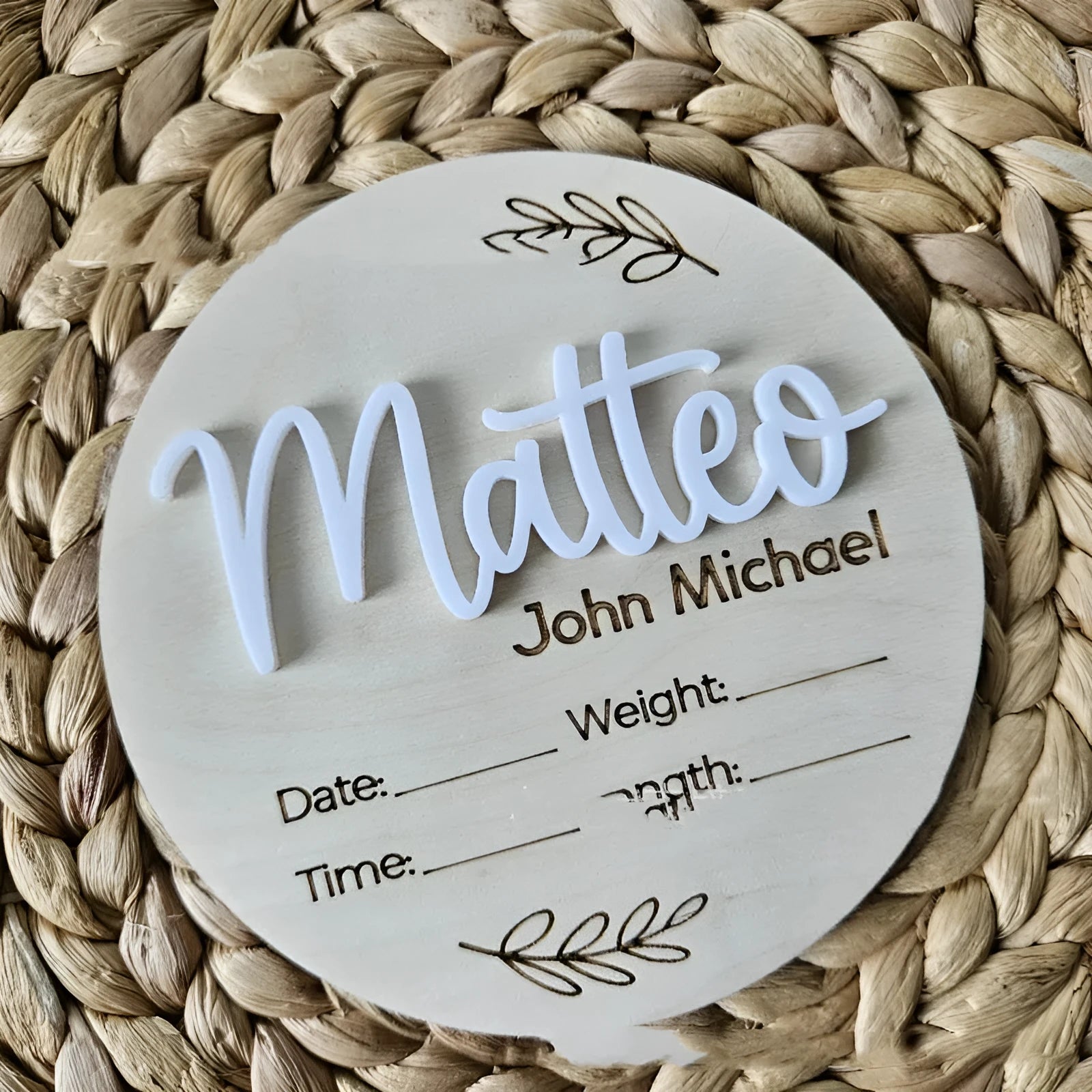 15cm square wooden baby birth name label with space for newborn information