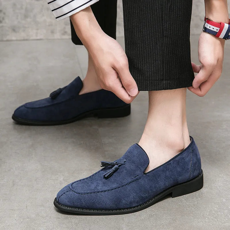 Men's suede matte leather shoes in purple or blue, flat heel, low tube, sizes 38-48, artificial PU upper, plastic sole.