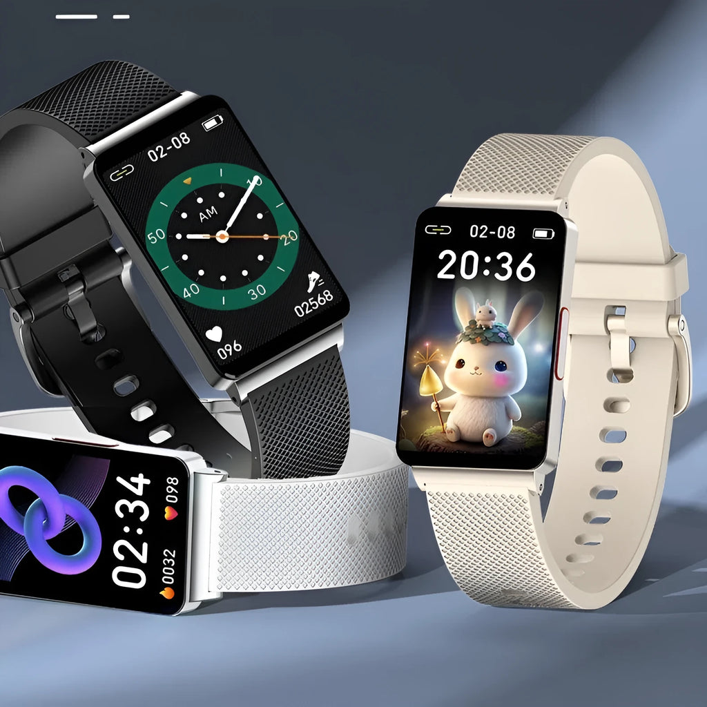 Smart watch health bracelet with IPS screen, touch button, silicone or steel strap in black or silver