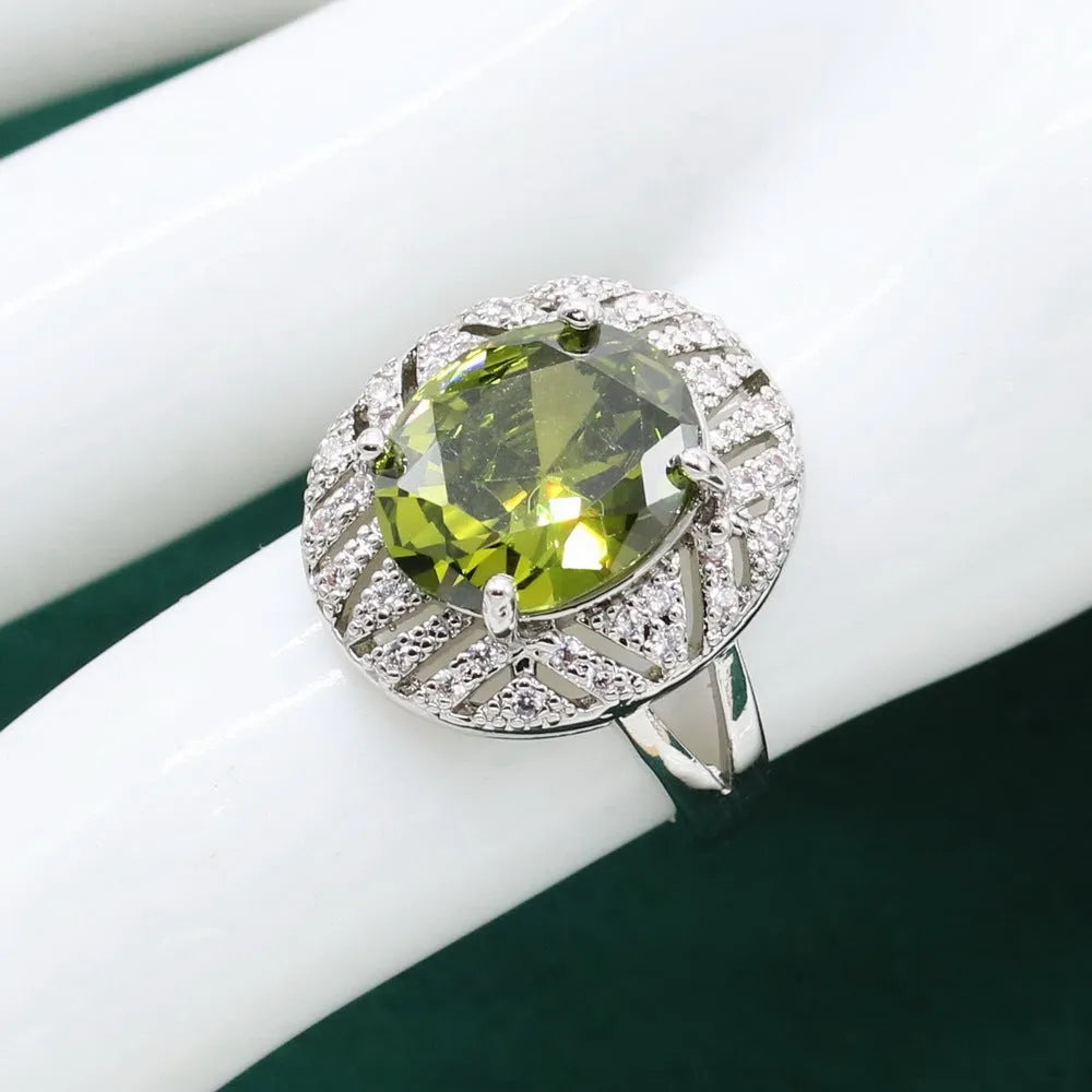 Anti-allergy zircon necklace earring ring set in olive green copper inlaid zircon with electroplated retro pattern