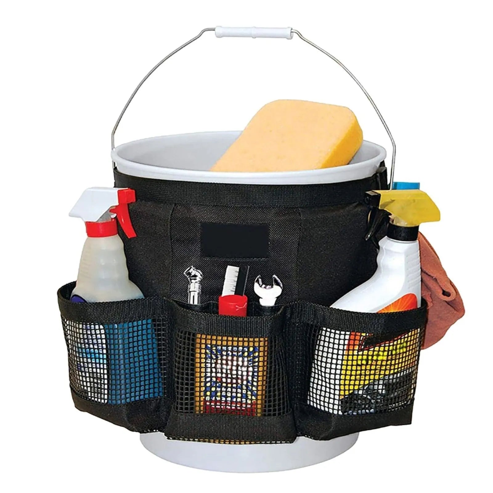 Black cylindrical polyester storage bag with straps hanging from a 5 gallon bucket.