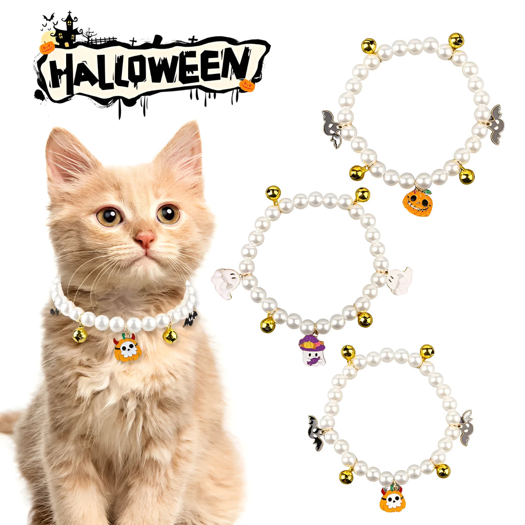 Halloween decorative pet collar with simulated pearls and a choice of pumpkin-themed charms: purple ghost, skull, or smiling.