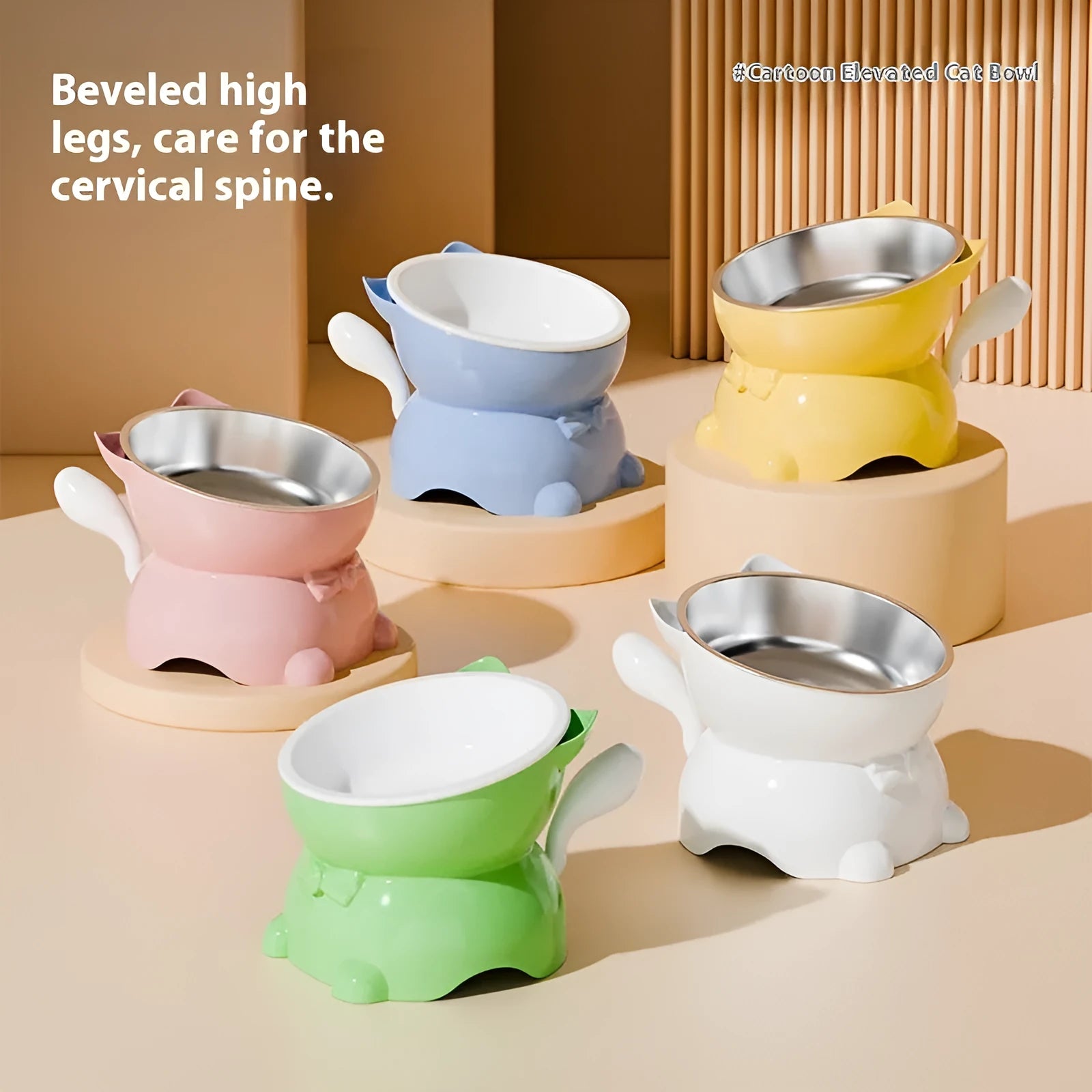Stainless steel slanted anti-fall cat bowl in blue colour on a white surface.