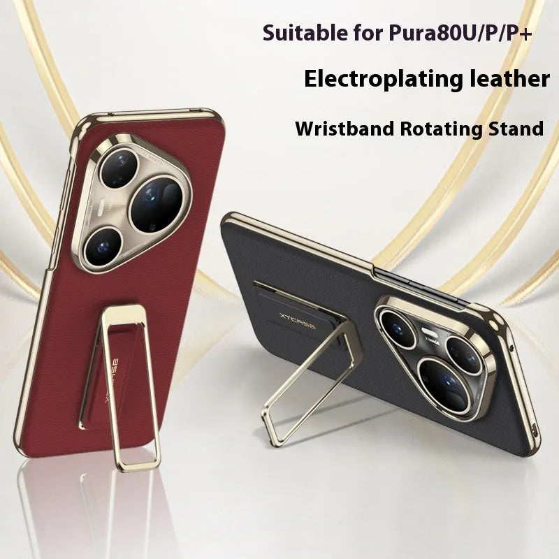 Huawei Pura80Ultra imitation leather phone case with gold wrist strap and rotating bracket in bright gold, master red, and black colour options