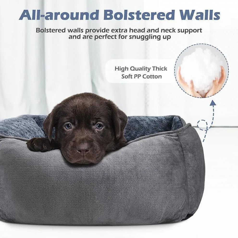 Beige pet kennel bed with golden retriever stuffed toy and removable faux fur cover