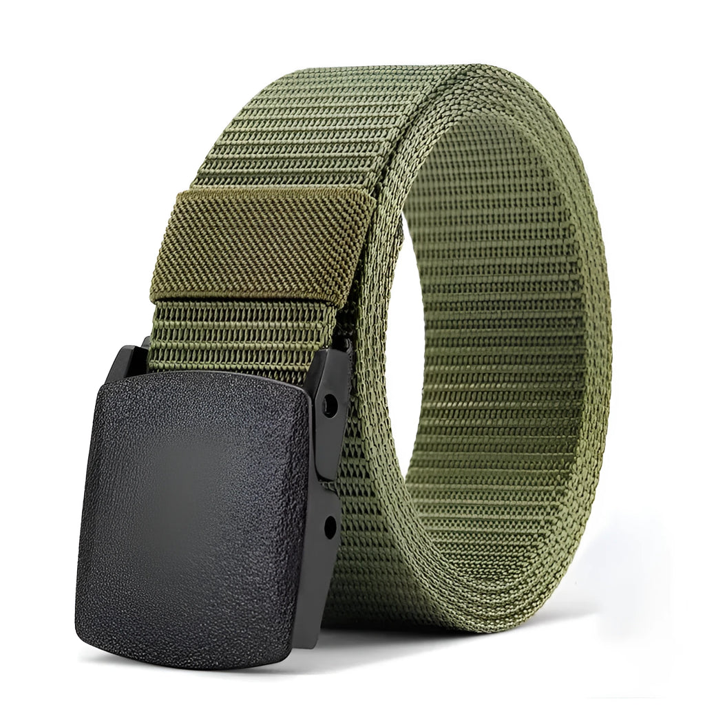 Nylon men's tactical belt with plastic buckle in army green, 120cm length, regular width