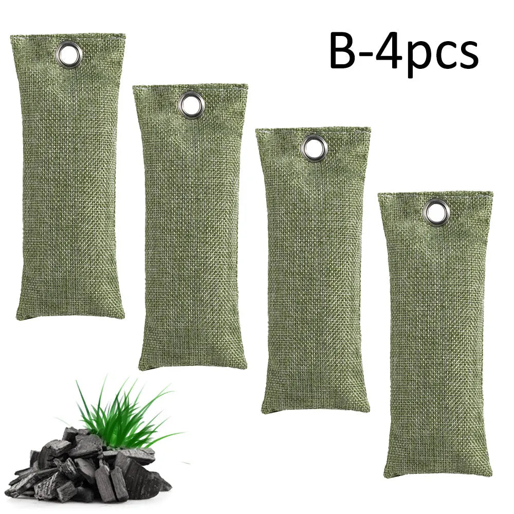 Black, green, grey and blue activated charcoal shoe deodoriser bags measuring 16.5cm.