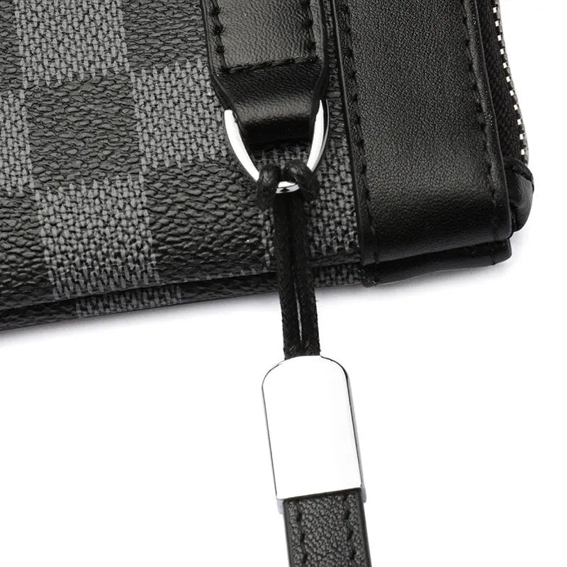 Black genuine leather men's clutch wallet showing first-layer cowhide texture and rectangular 20x10cm shape