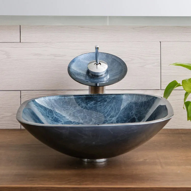 Tempered glass table basin with blue-grey foil colour for bathroom installation