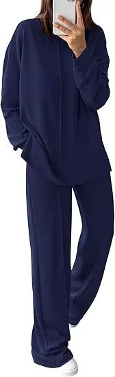 Women's army green long-sleeve polyester jogging suit, a two-piece top and trousers set for lounge wear.