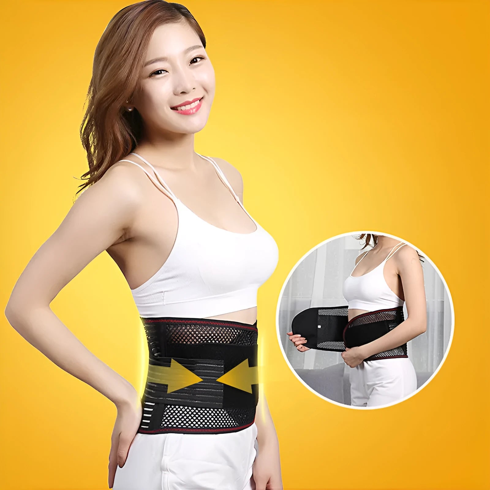 Black sports waist support belt with an internal steel plate for lumbar decompression, shown laid flat.