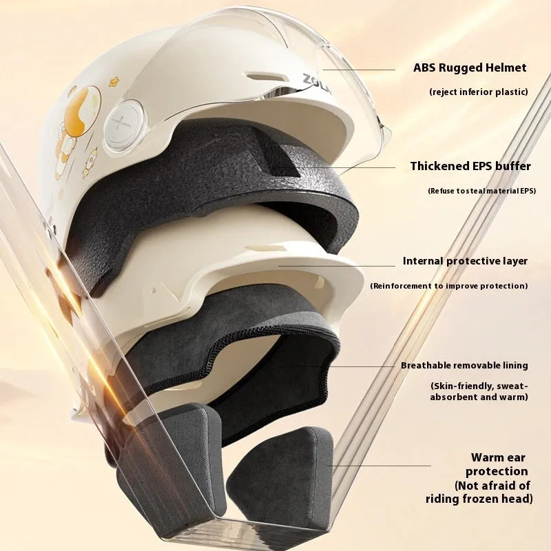 Khaki-coloured electric motorcycle half helmet with attached long glasses on a grey background.