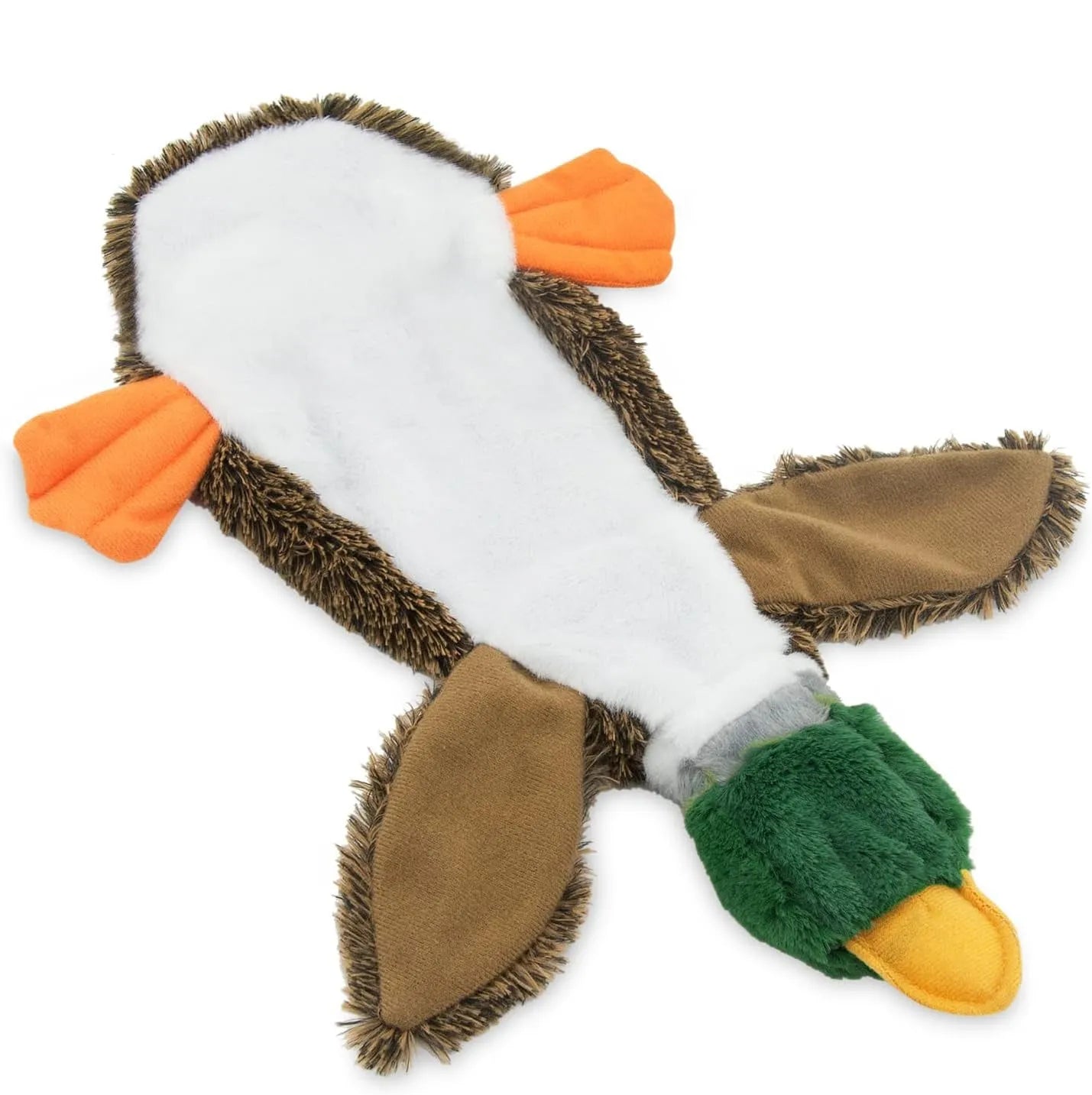 Green stuffless plush dog toy shaped like a wild duck with a squeaker in head and tail.