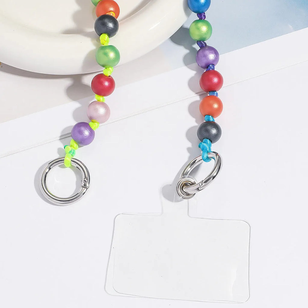 Wild color beaded mobile phone strap, stainless steel electroplated unisex chain, 81cm and above, geometric round design