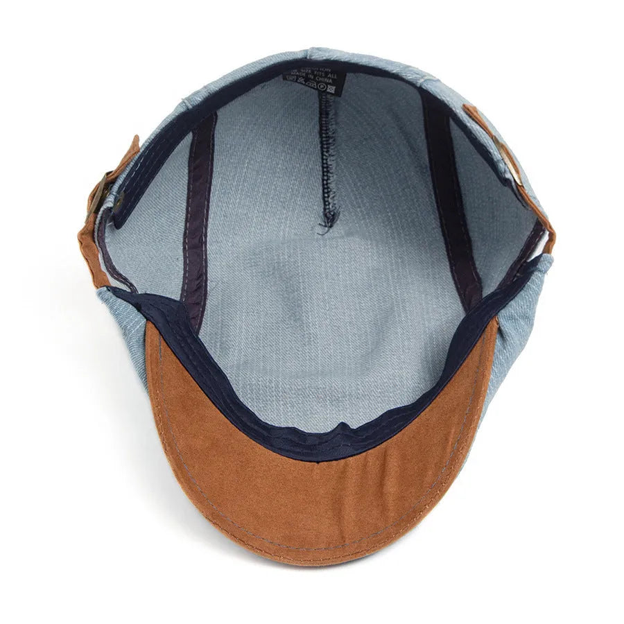 Men's adjustable cotton beret hat with dome crown in blue, light blue, black, or dark blue for spring and autumn.