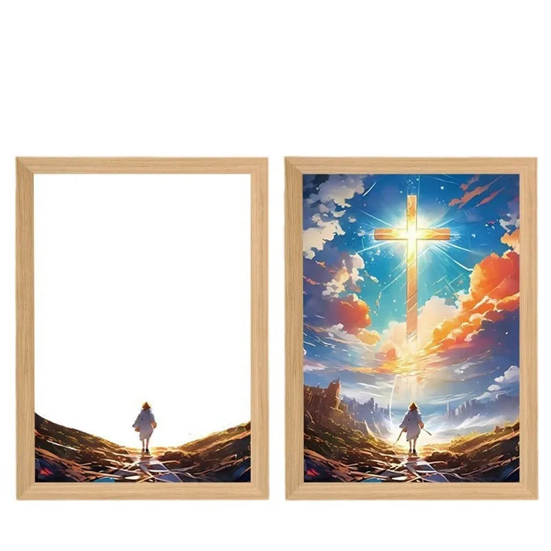Jesus LED light painting with acrylic panel and wooden frame, three-colour backlight, home decoration