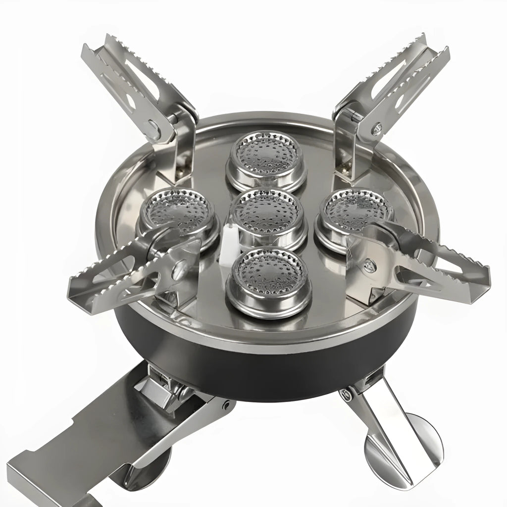 Silver portable split camping stove with stainless steel body and a long black flexible hose.