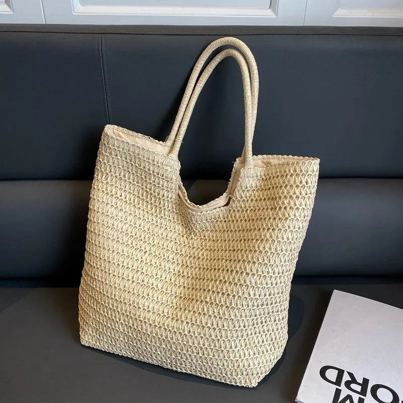 Women's large capacity straw bag in beige with double shoulder straps, 41cm wide 39cm high 12cm thick