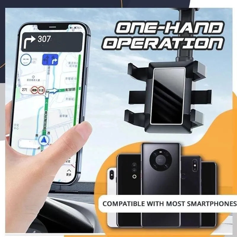Black rearview mirror car phone holder showing 360-degree rotation and telescopic arm extended