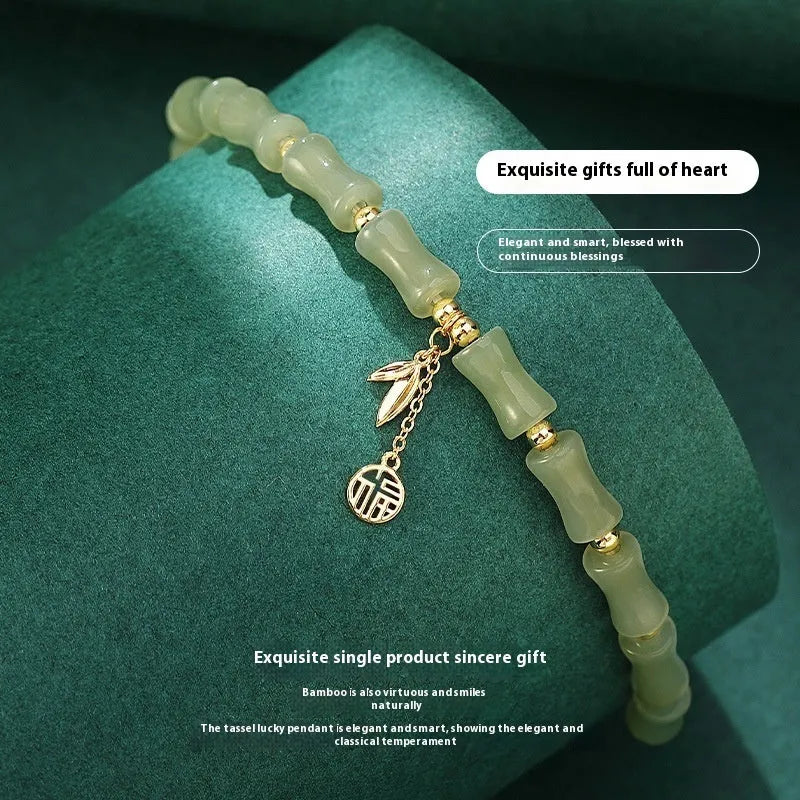 Chinese style bamboo Hetian jade bracelet and necklace set with bamboo joint design