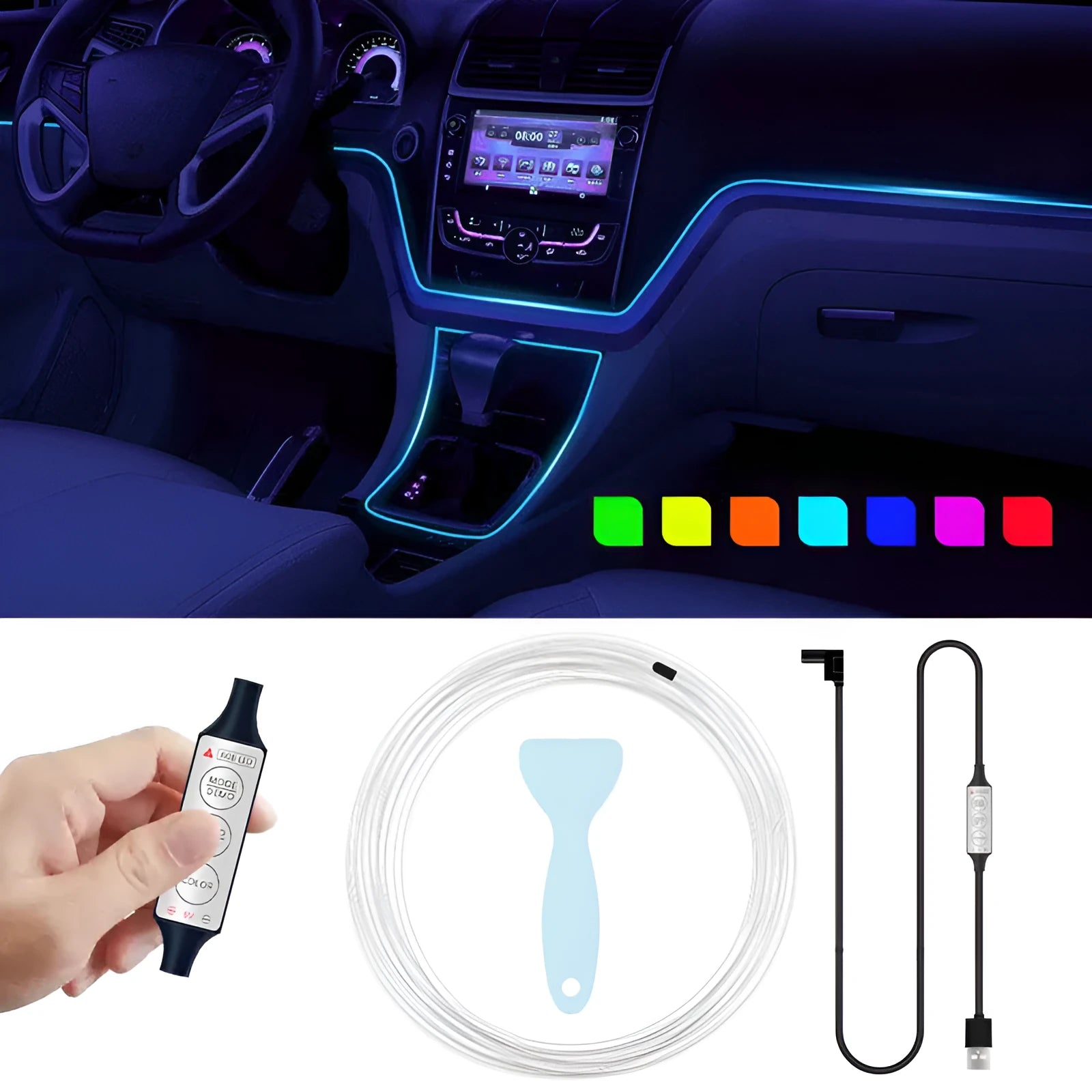 5 metre long RGB LED light strip and manual controller for car interior illumination