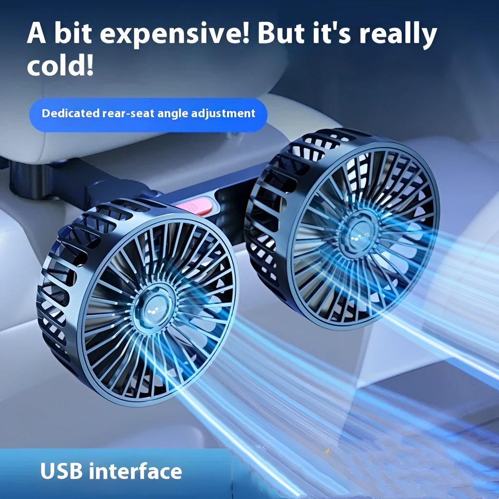 Double-headed rear car fan with USB interface, 360-degree rotation, wind sound and light, ABS build