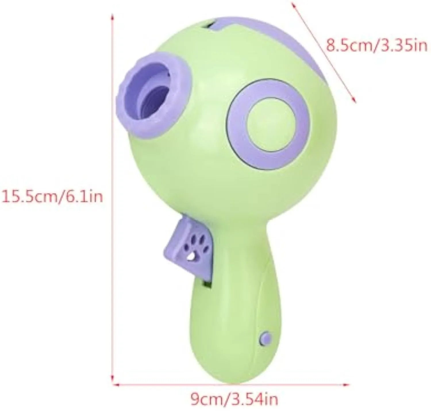 Green, orange, and pink plastic dog treat launcher toy with dispenser for interactive play and training.