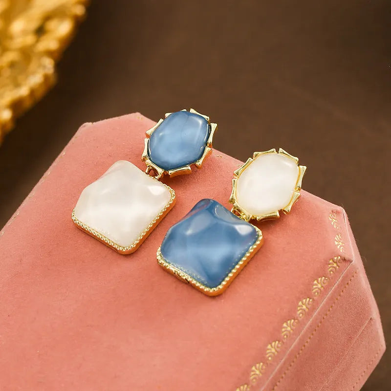 Contrast colour water ripple geometric square earrings for women, electroplated alloy, 7 colour options including sapphire blue and violet
