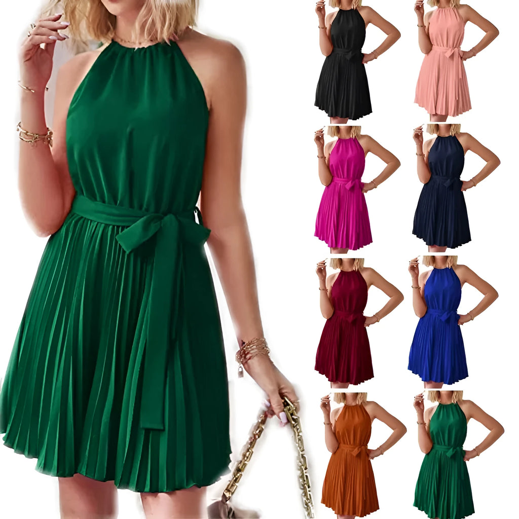 Women's black chiffon halter dress with pleated skirt and adjustable waist for summer