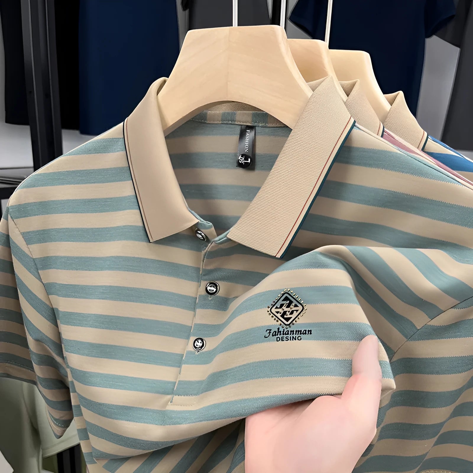 Man wearing a red and blue striped short sleeve casual shirt with a mosaic pattern.