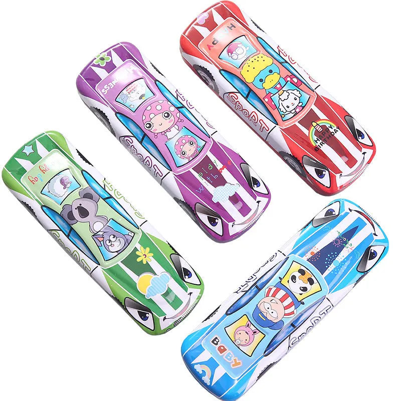 Cartoon pattern racing car shape metal tinplate pencil case with double-layer design