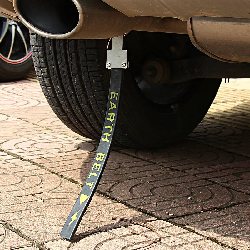 Black car electrostatic belt with a coiled copper wire grounding chain, measuring 370 mm in length.