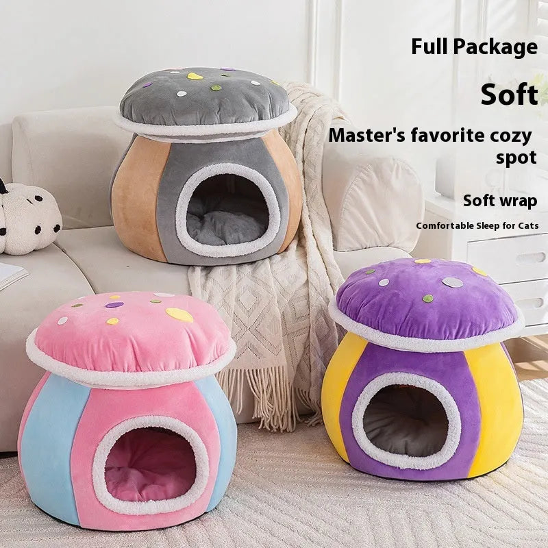 Grey mushroom-shaped plush cat bed on a white background.