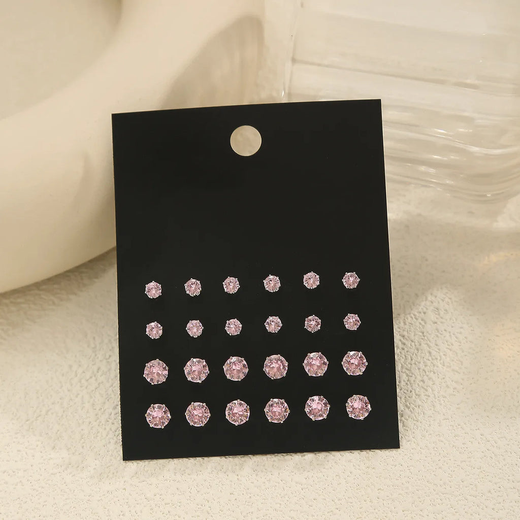 Pink round stud earrings set for women, 12 pairs of electroplated alloy geometric ear studs