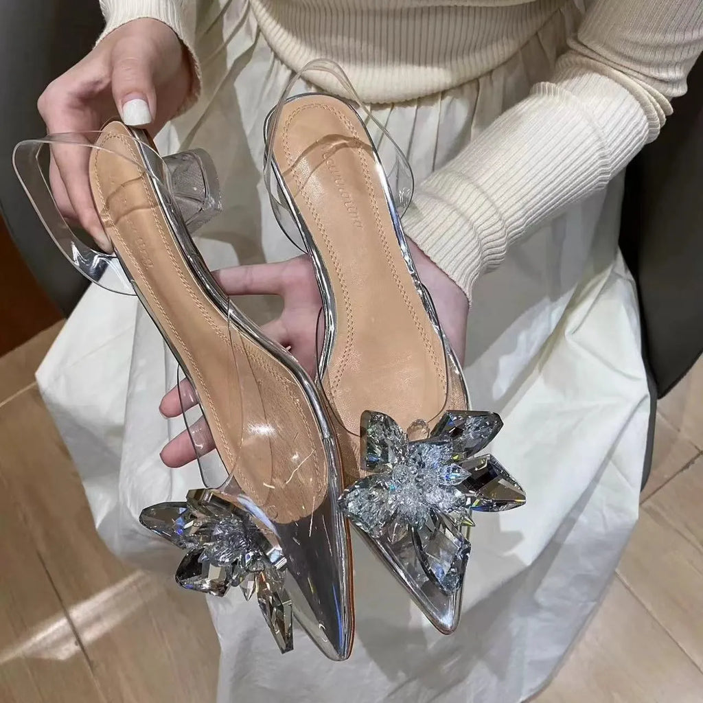 Women's transparent high heels with crystal flower decoration on microfiber, open toe design