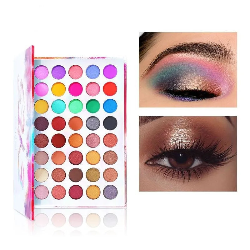 Shimmer matte multi-colour eye shadow palette with ten shades including purple, blue, black, sky blue, caramel, watermelon red, cameo brown, and peacock blue