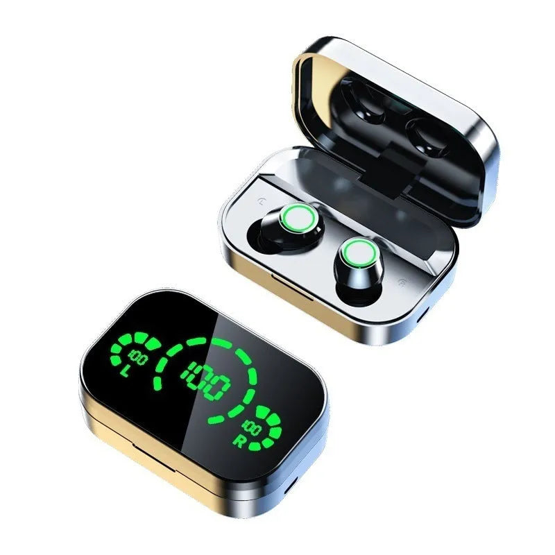 Black wireless earbuds with large screen digital display charging case and breathing light