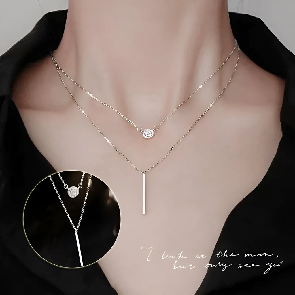 S925 silver double chain long stick pendant necklace with micro pave zircon round stone, white gold colour