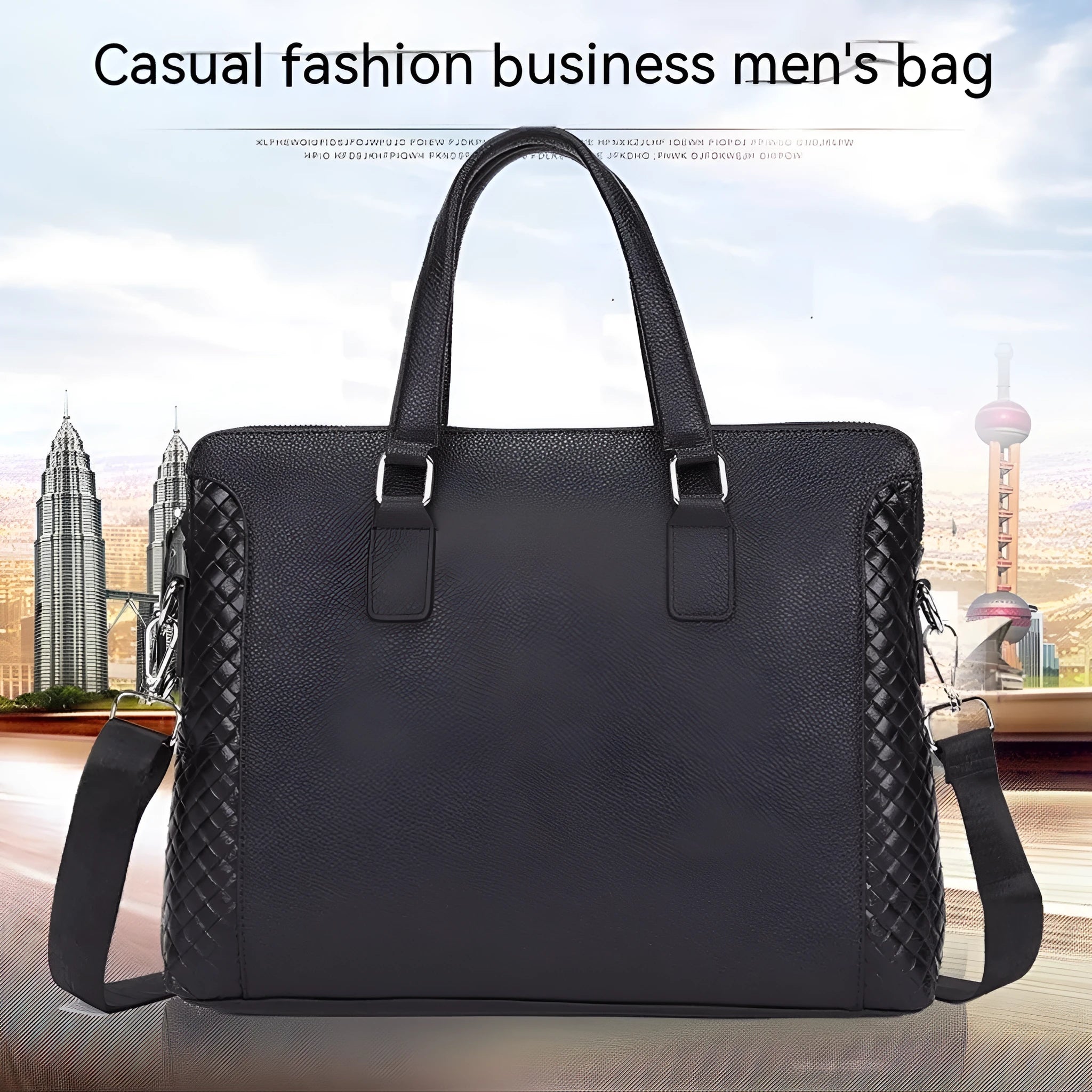 Men's genuine black leather horizontal briefcase with embossed geometric pattern, soft handle, and slit pocket for 14-inch laptop