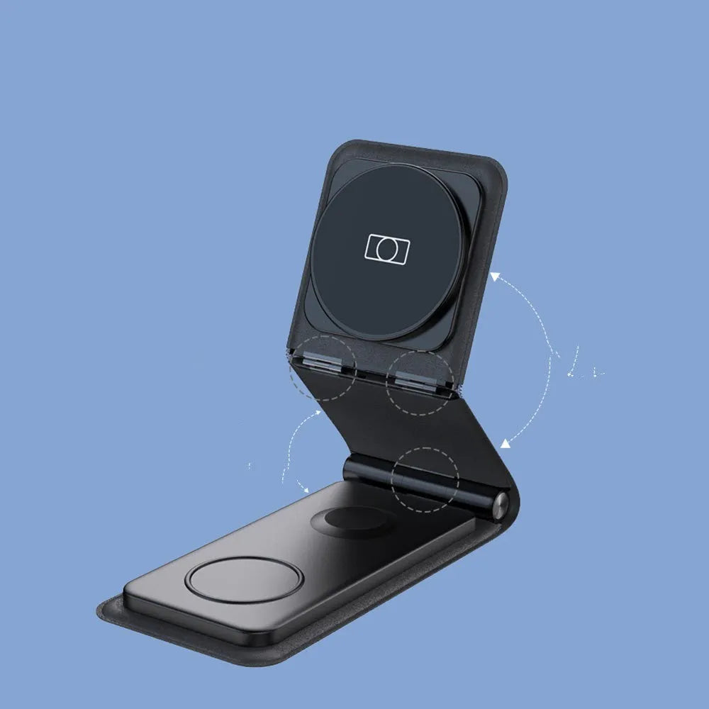3-in-1 folding wireless charger in black with Type-C input, 25W output power, and multiple device charging