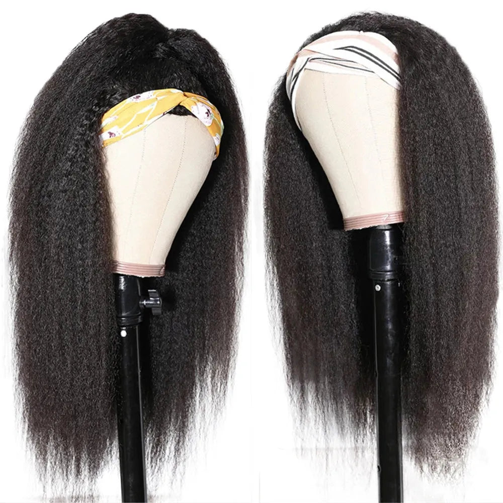 Headband wig human hair kinky straight natural 1B colour 8 to 26 inch length no knots
