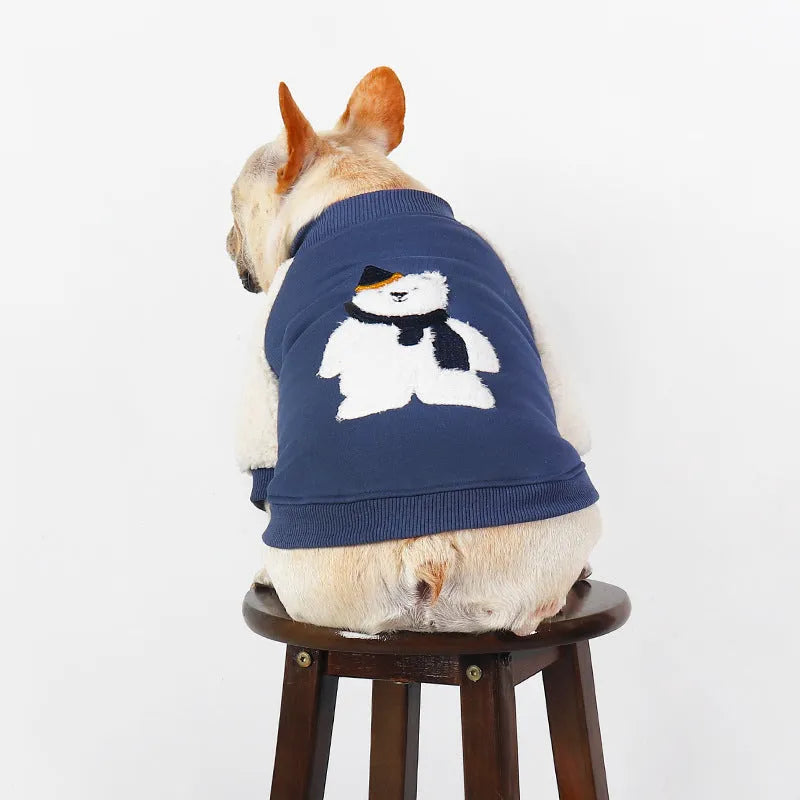 Dark blue fleece-lined dog winter coat with cotton outer material in size L