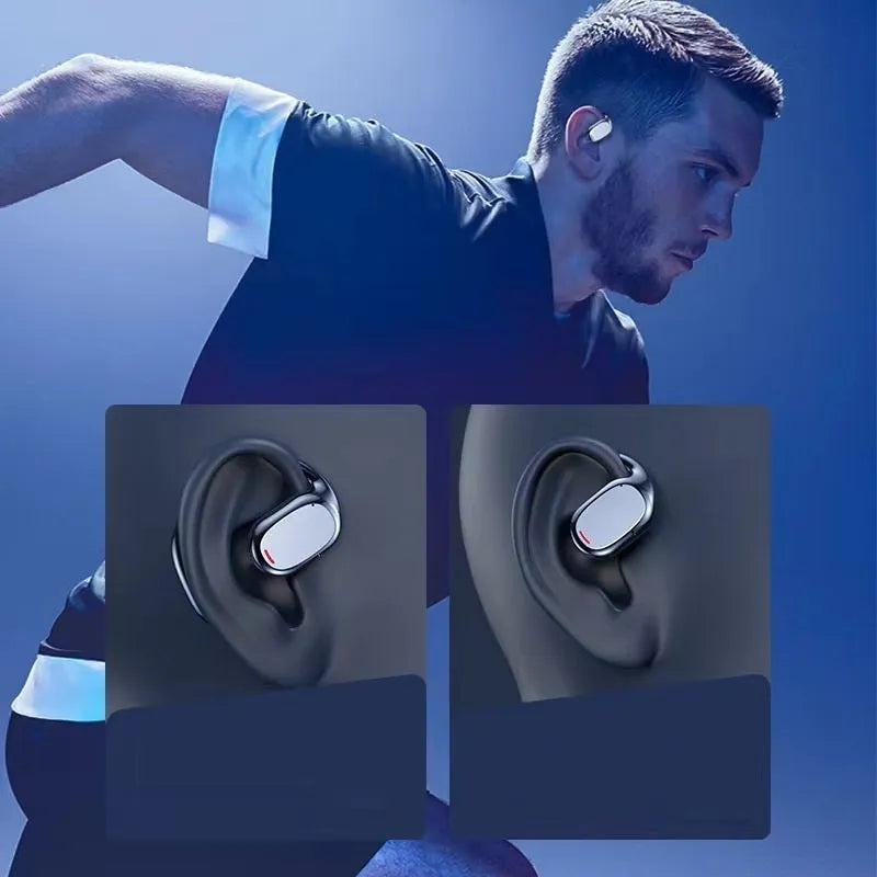 Black and white wireless Bluetooth stereo earphones with a charging case on a table