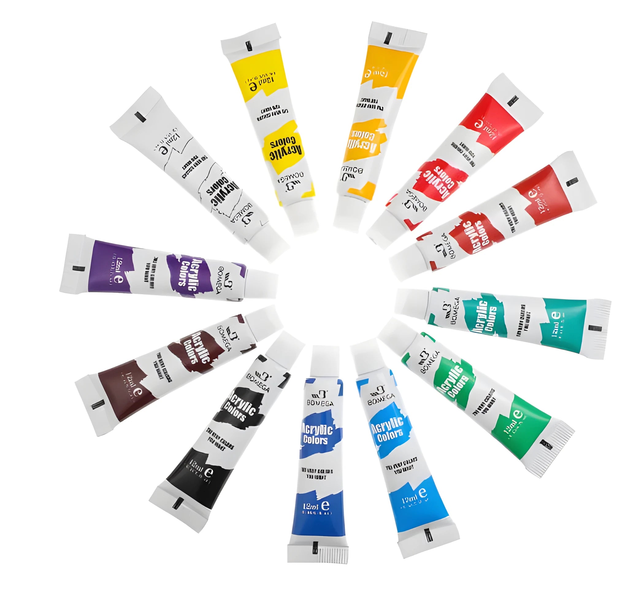 Full set of 12-colour artist paint tubes for acrylic, gouache, watercolour, and oil painting.