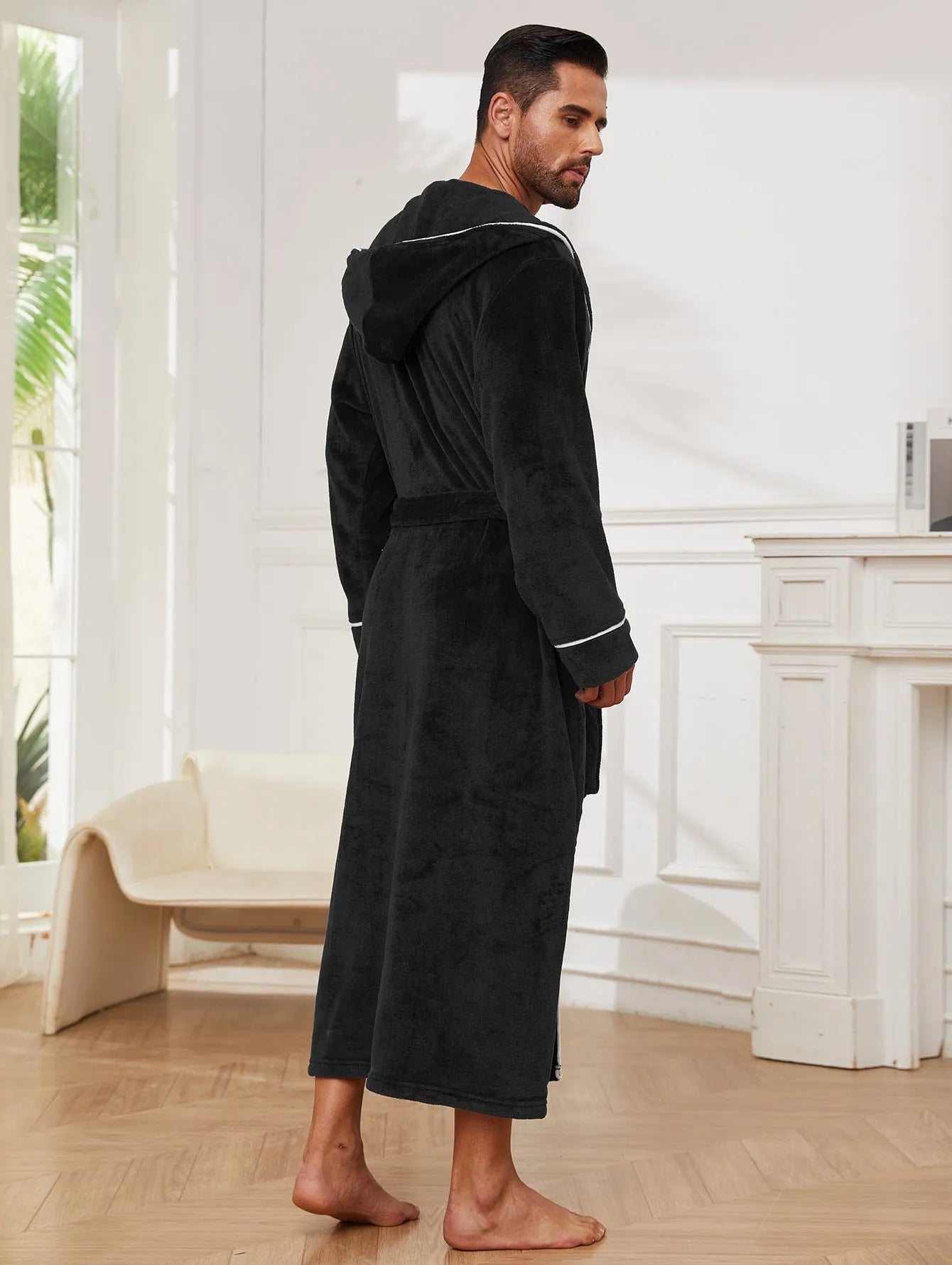 Men's flannel bathrobe in light grey, dark blue, or black polyester for winter