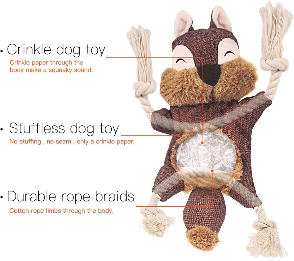 Brown fox-shaped dog toy with rope arms and legs, embroidery eyes, squeaker and crinkle sounds