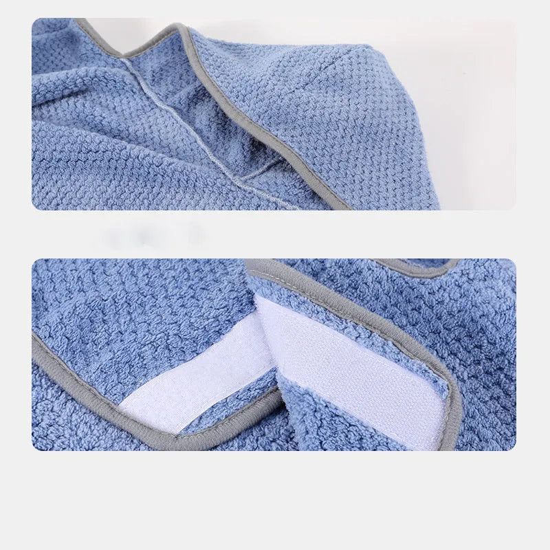 Blue adjustable dog bath robe towel showing waistband and size chart for XS to XL